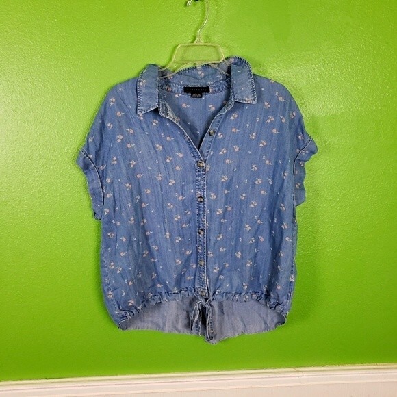 Sanctuary Women's Faded Pink Rose Button Up Drawstring Waist Chambray Top Sz L - Picture 1 of 8